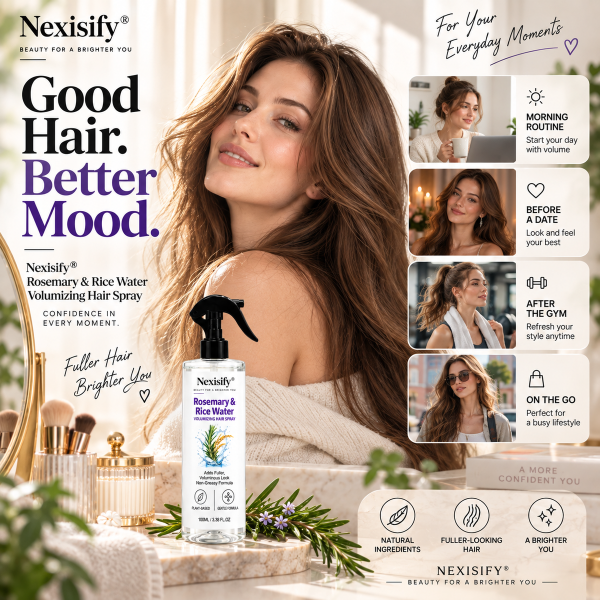 Nexisify® Rosemary & Rice Water Volumizing Hair Spray – Fuller, Lightweight-Looking Hair