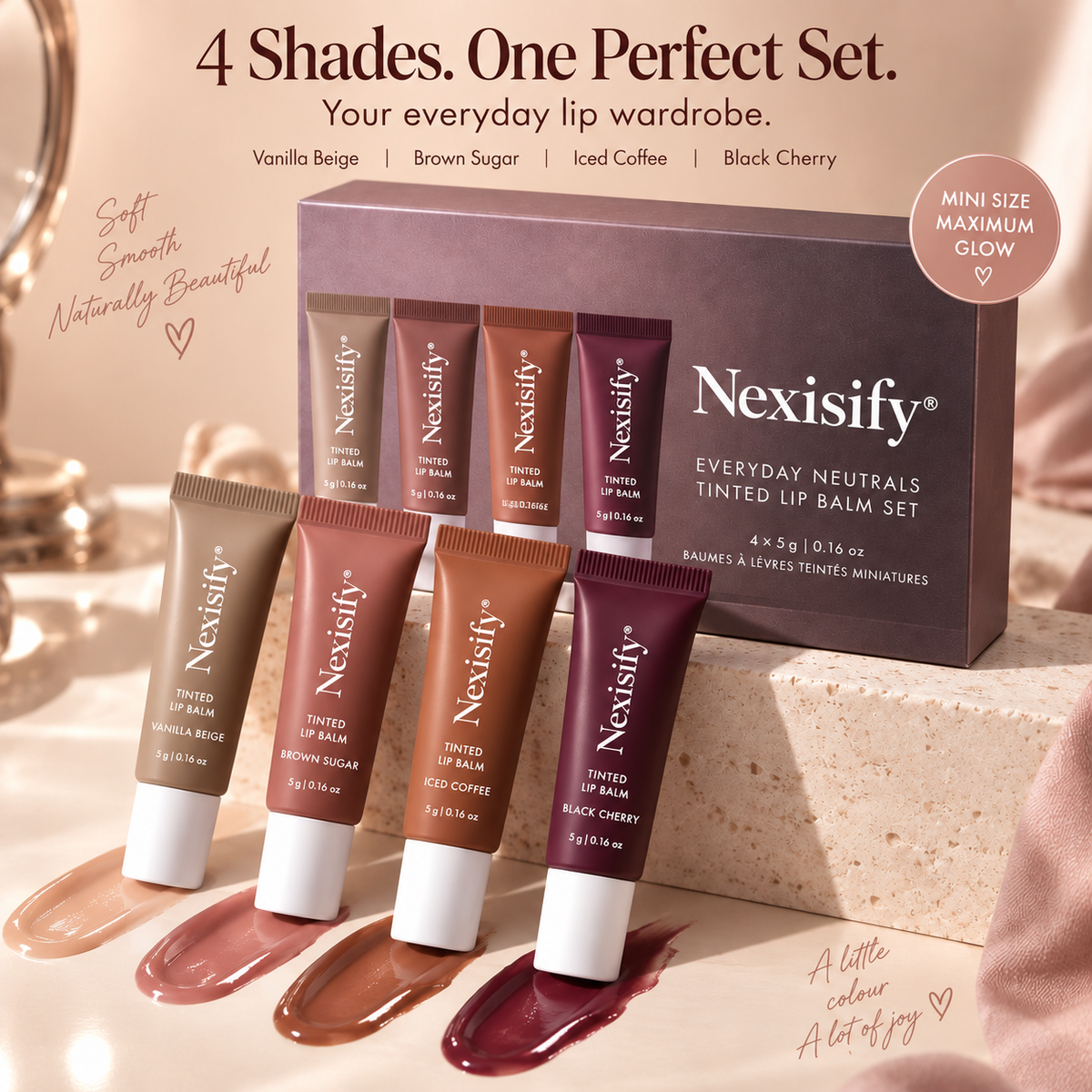Nexisify® Mini Tinted Lip Balm Set – 4 Glossy, Hydrating Shades