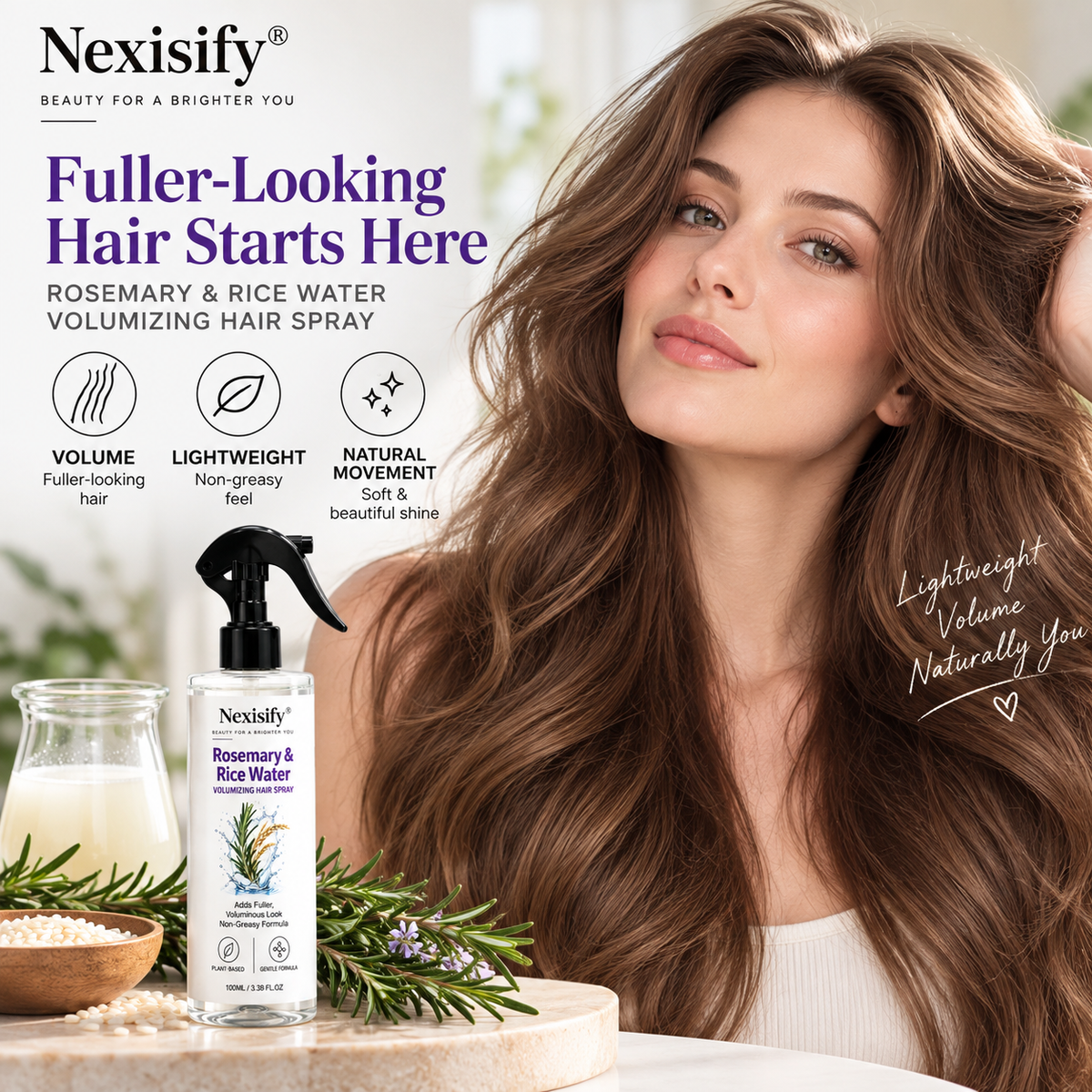 Nexisify® Rosemary & Rice Water Volumizing Hair Spray – Fuller, Lightweight-Looking Hair