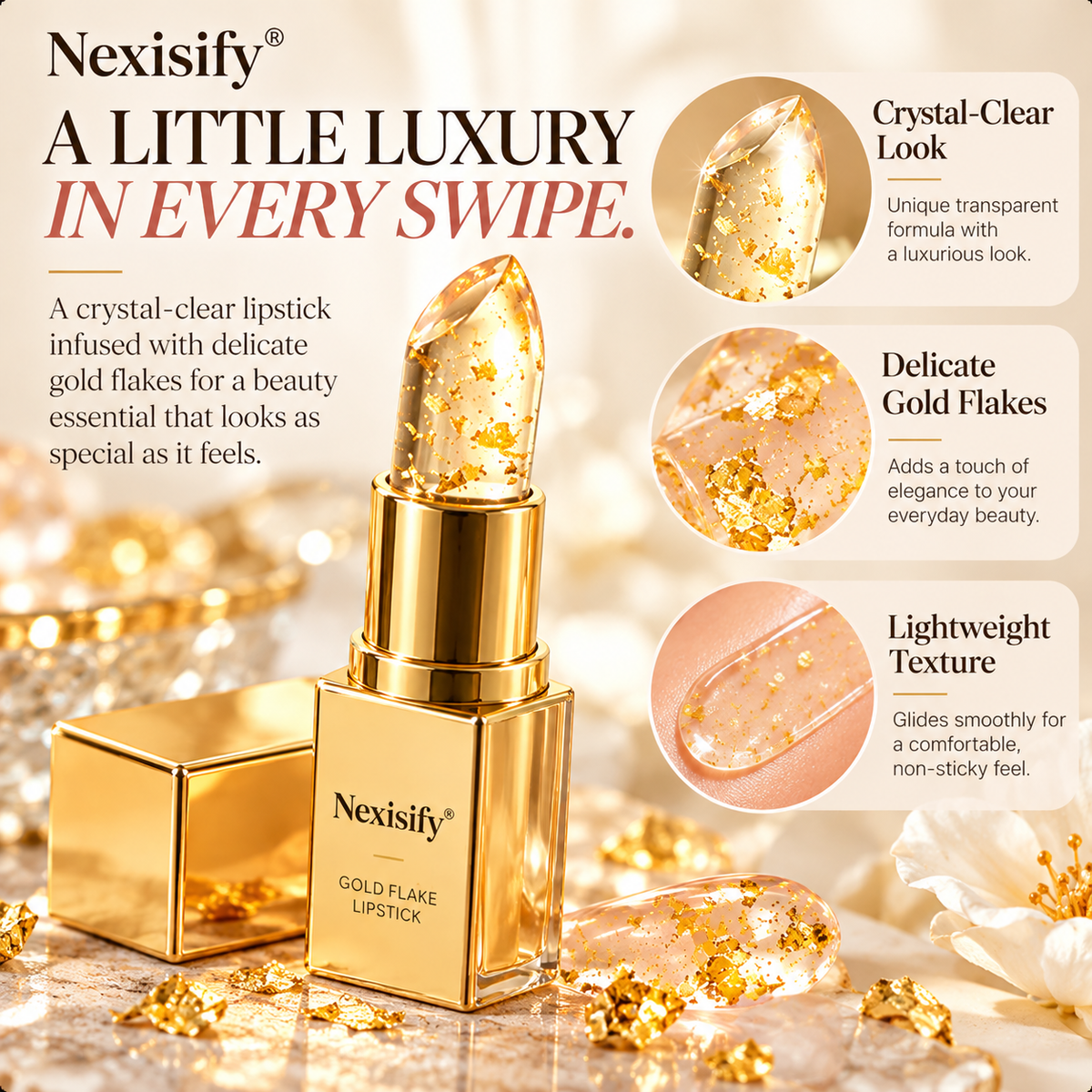 Nexisify® Gold Flake Color-Changing Lipstick – Lightweight & Glossy Finish