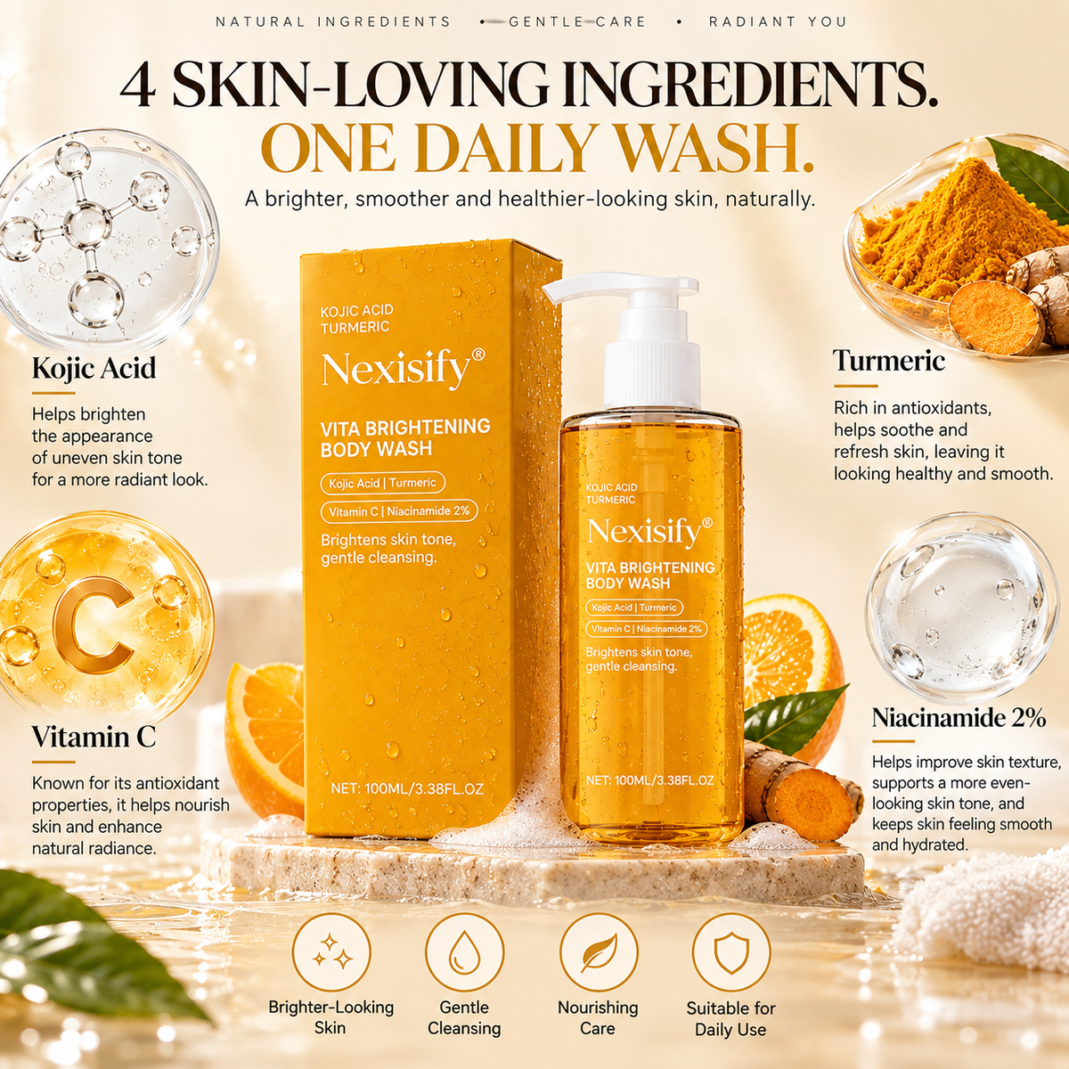 Nexisify® Kojic Acid & Turmeric Brightening Body Wash – Vitamin C + Niacinamide