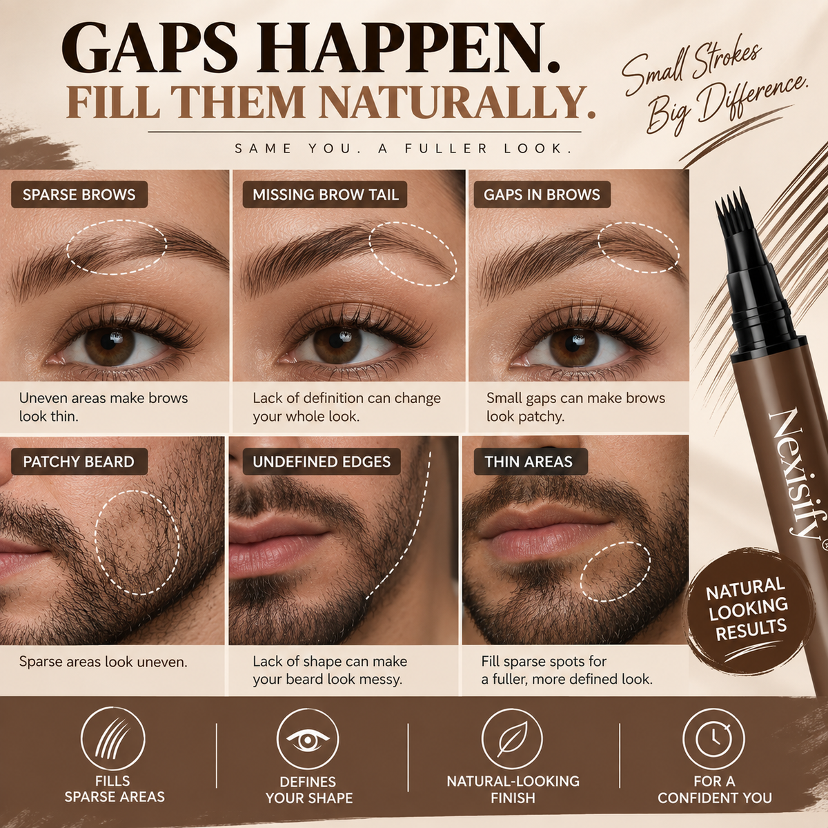 Nexisify® Hair-Like Brows & Beard Pen – Multi-Tip Precision Definer