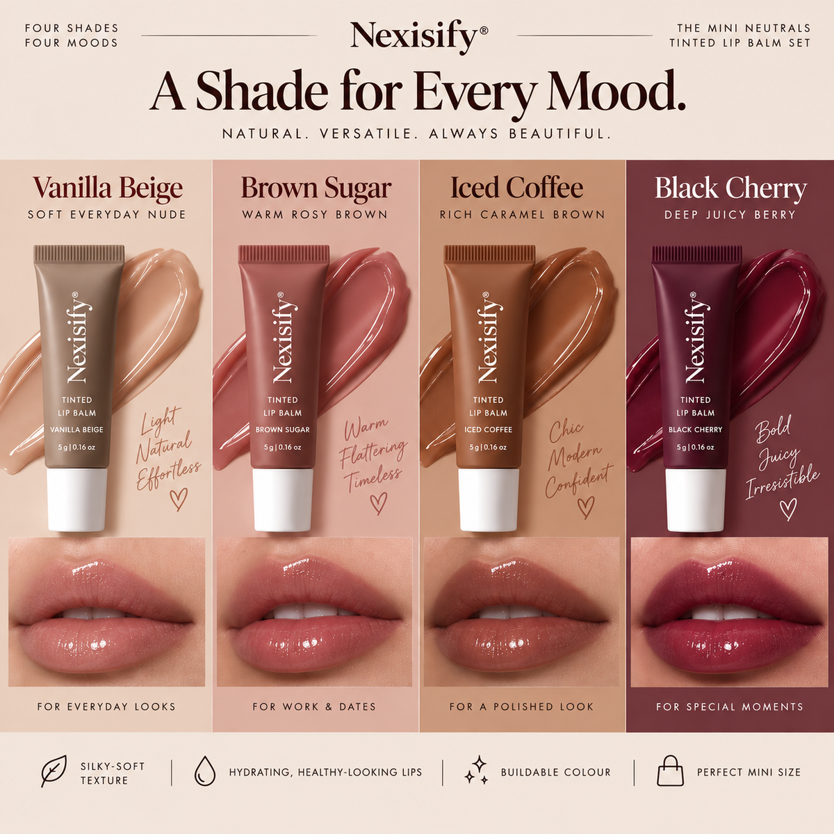 Nexisify® Mini Tinted Lip Balm Set – 4 Glossy, Hydrating Shades