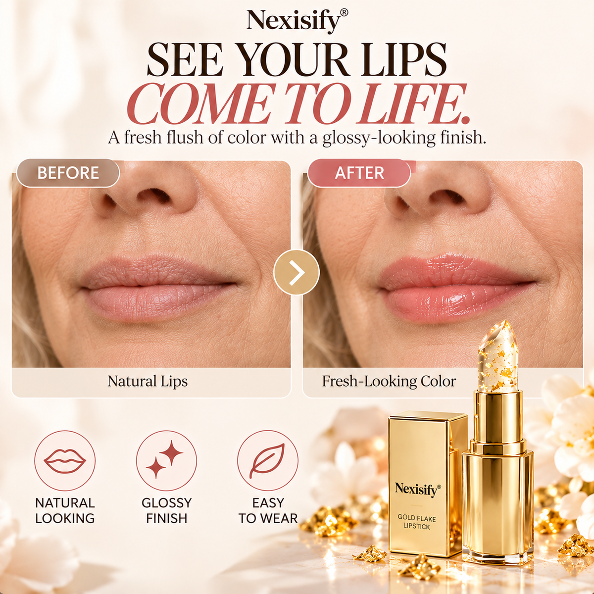 Nexisify® Gold Flake Color-Changing Lipstick – Lightweight & Glossy Finish