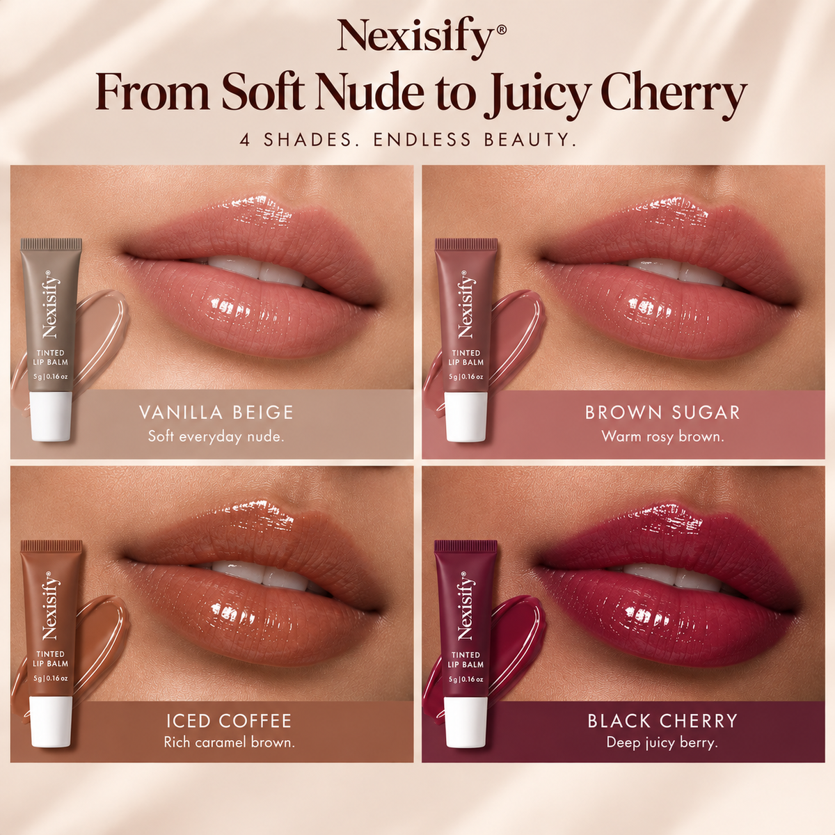Nexisify® Mini Tinted Lip Balm Set – 4 Glossy, Hydrating Shades
