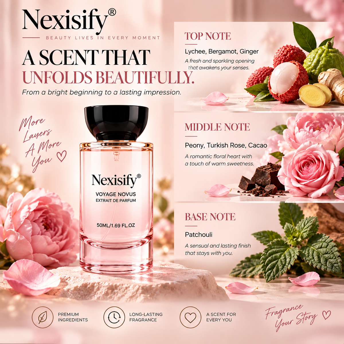 Nexisify® Voyage Novus Extrait de Parfum 50ml – Soft, Elegant & Feminine Fragrance