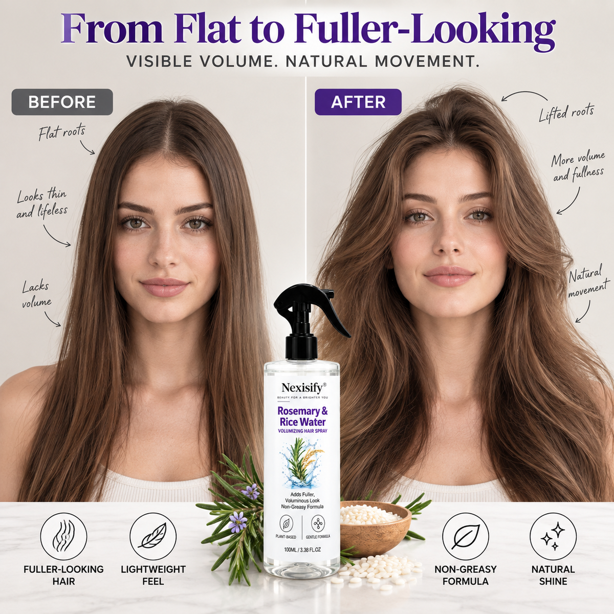 Nexisify® Rosemary & Rice Water Volumizing Hair Spray – Fuller, Lightweight-Looking Hair