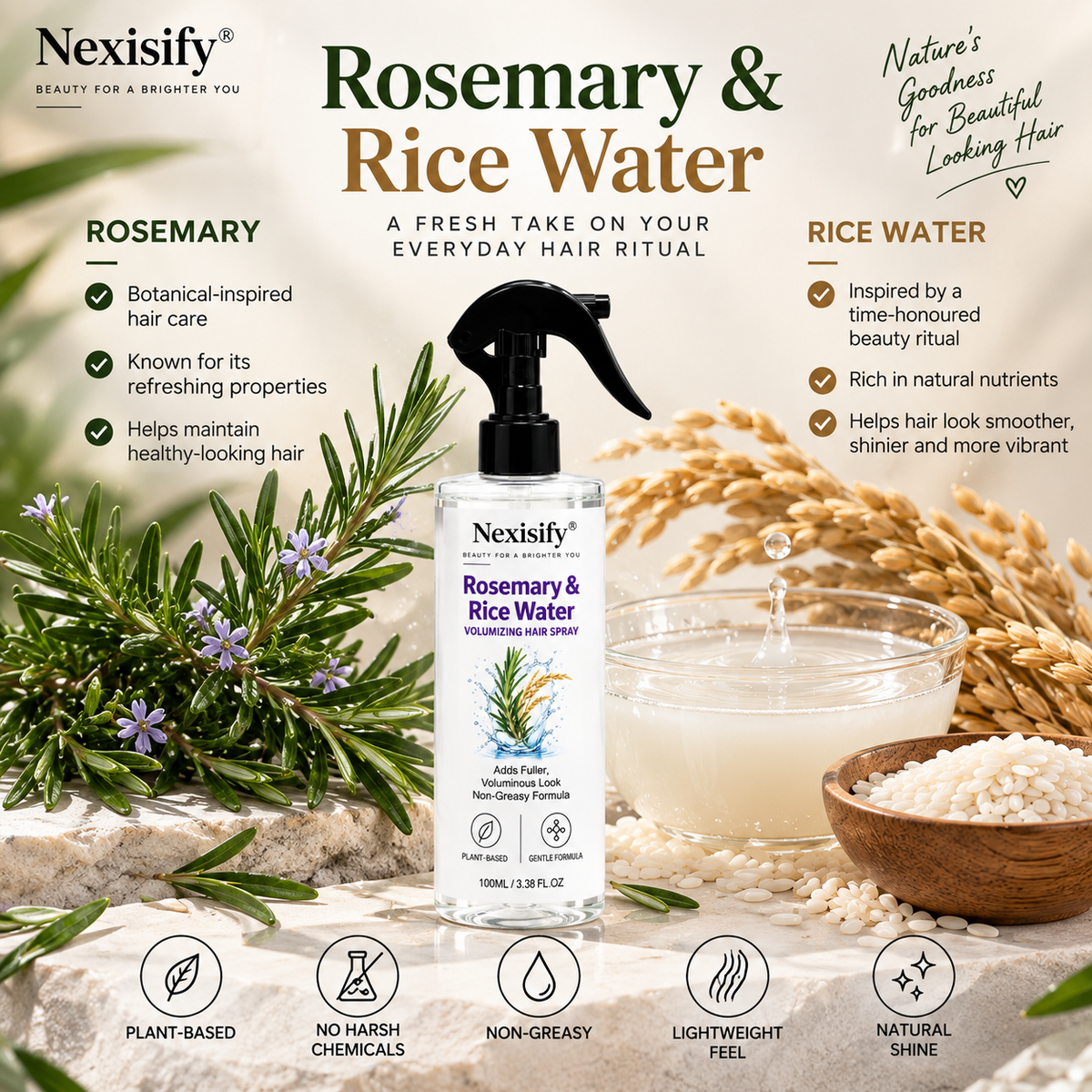 Nexisify® Rosemary & Rice Water Volumizing Hair Spray – Fuller, Lightweight-Looking Hair