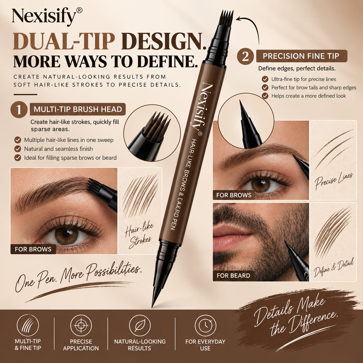Nexisify® Hair-Like Brows & Beard Pen – Multi-Tip Precision Definer