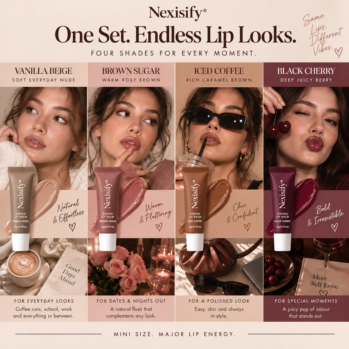 Nexisify® Mini Tinted Lip Balm Set – 4 Glossy, Hydrating Shades