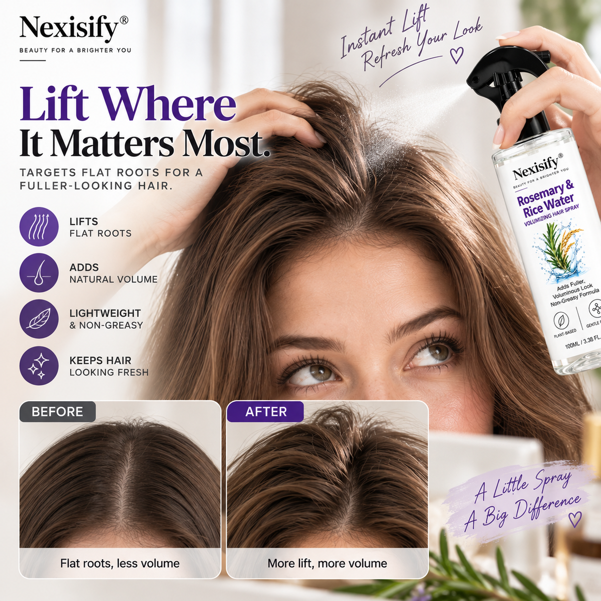 Nexisify® Rosemary & Rice Water Volumizing Hair Spray – Fuller, Lightweight-Looking Hair