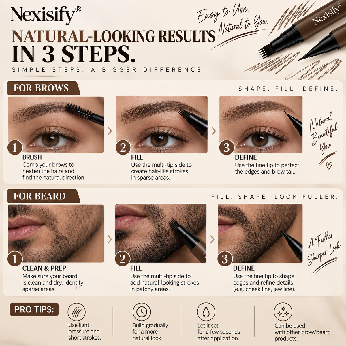 Nexisify® Hair-Like Brows & Beard Pen – Multi-Tip Precision Definer