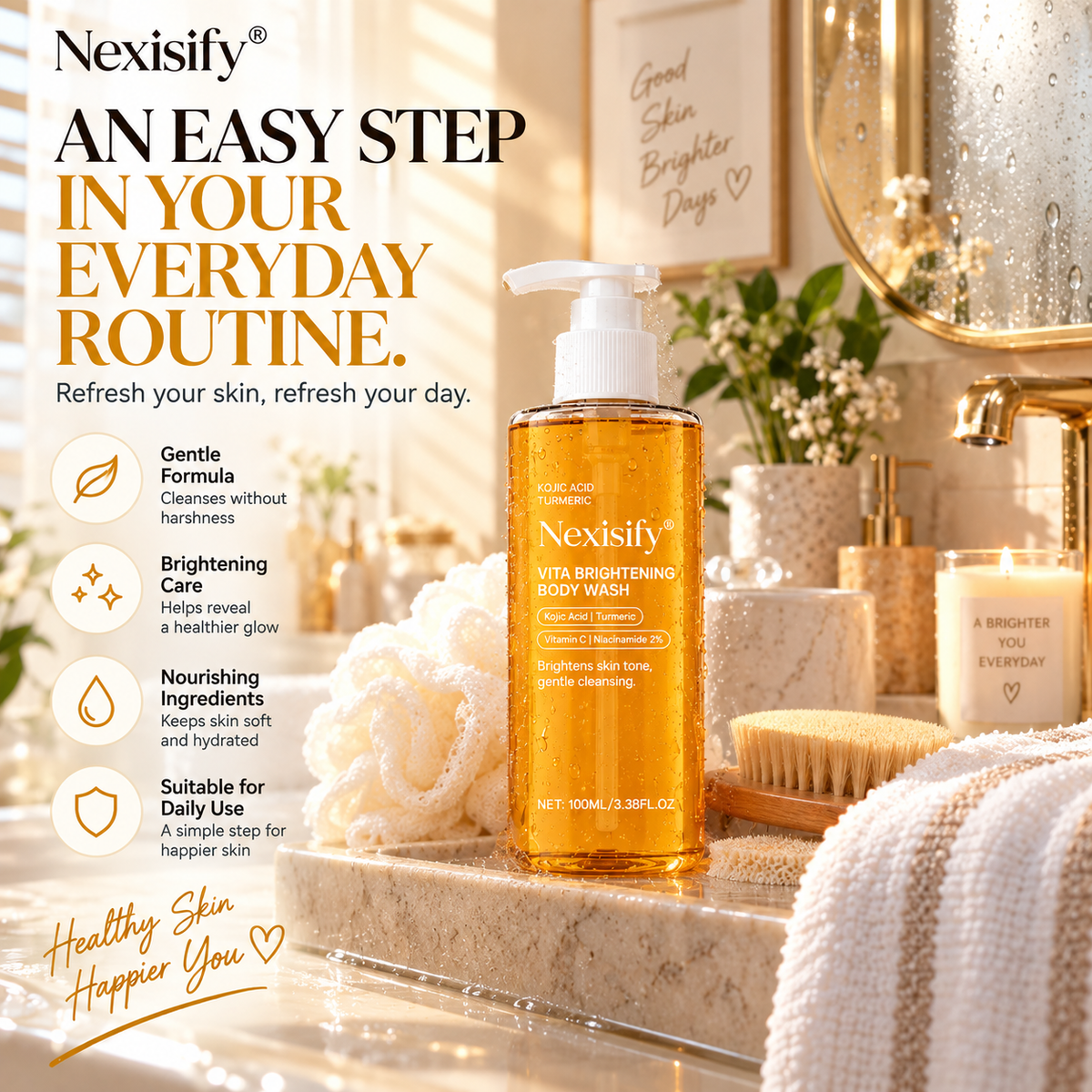 Nexisify® Kojic Acid & Turmeric Brightening Body Wash – Vitamin C + Niacinamide
