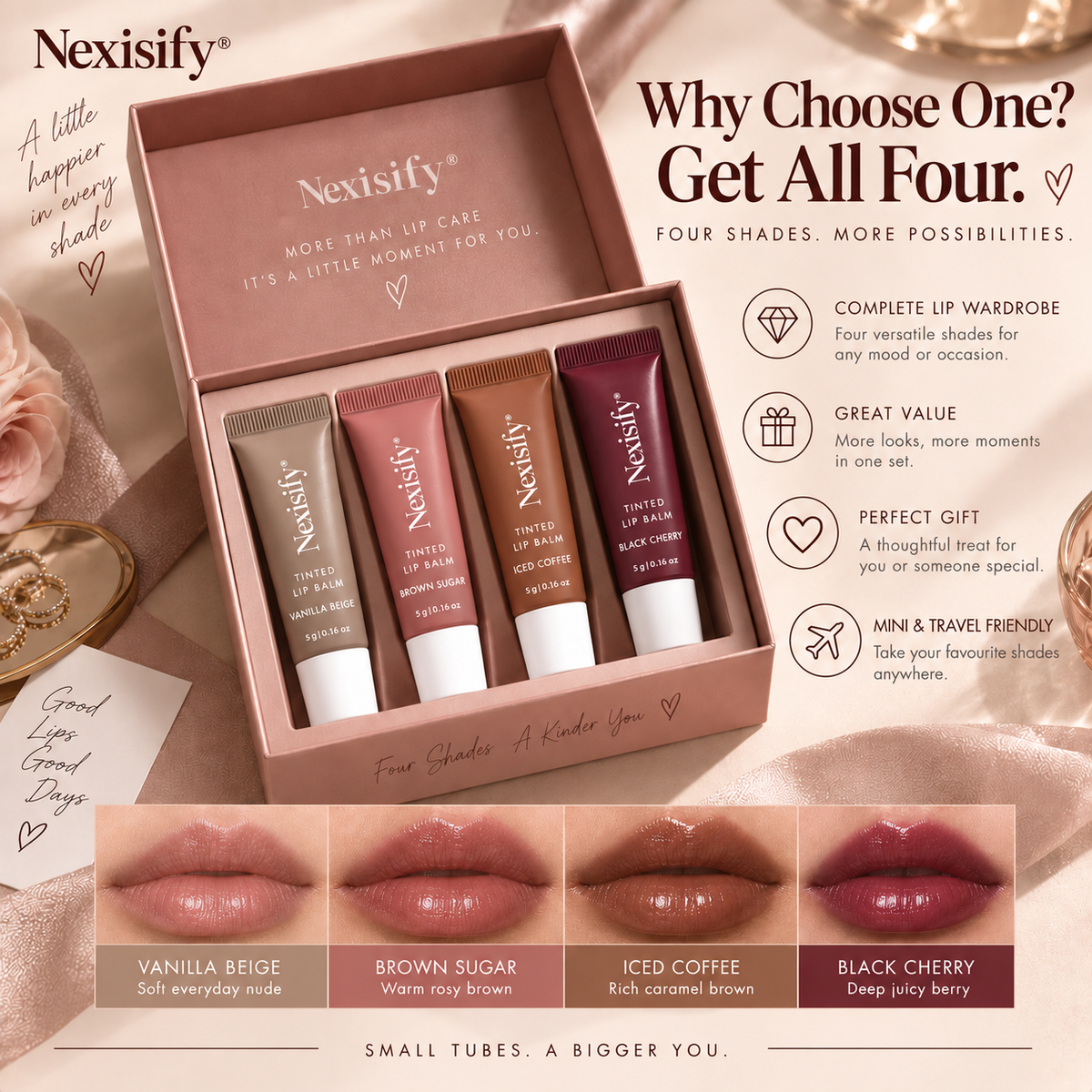 Nexisify® Mini Tinted Lip Balm Set – 4 Glossy, Hydrating Shades
