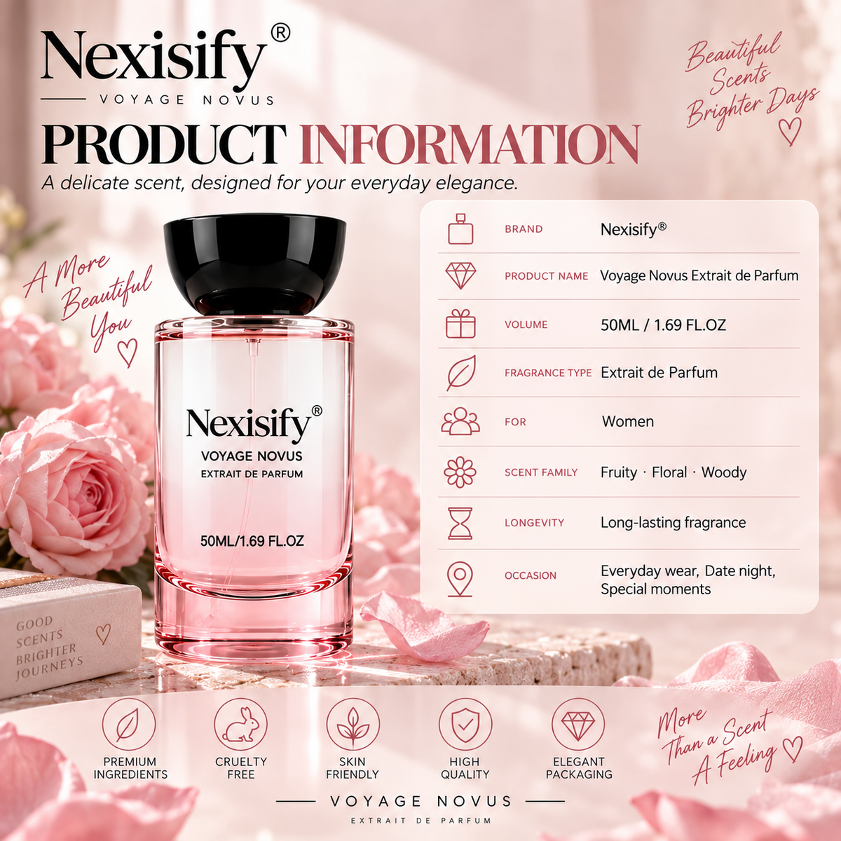 Nexisify® Voyage Novus Extrait de Parfum 50ml – Soft, Elegant & Feminine Fragrance