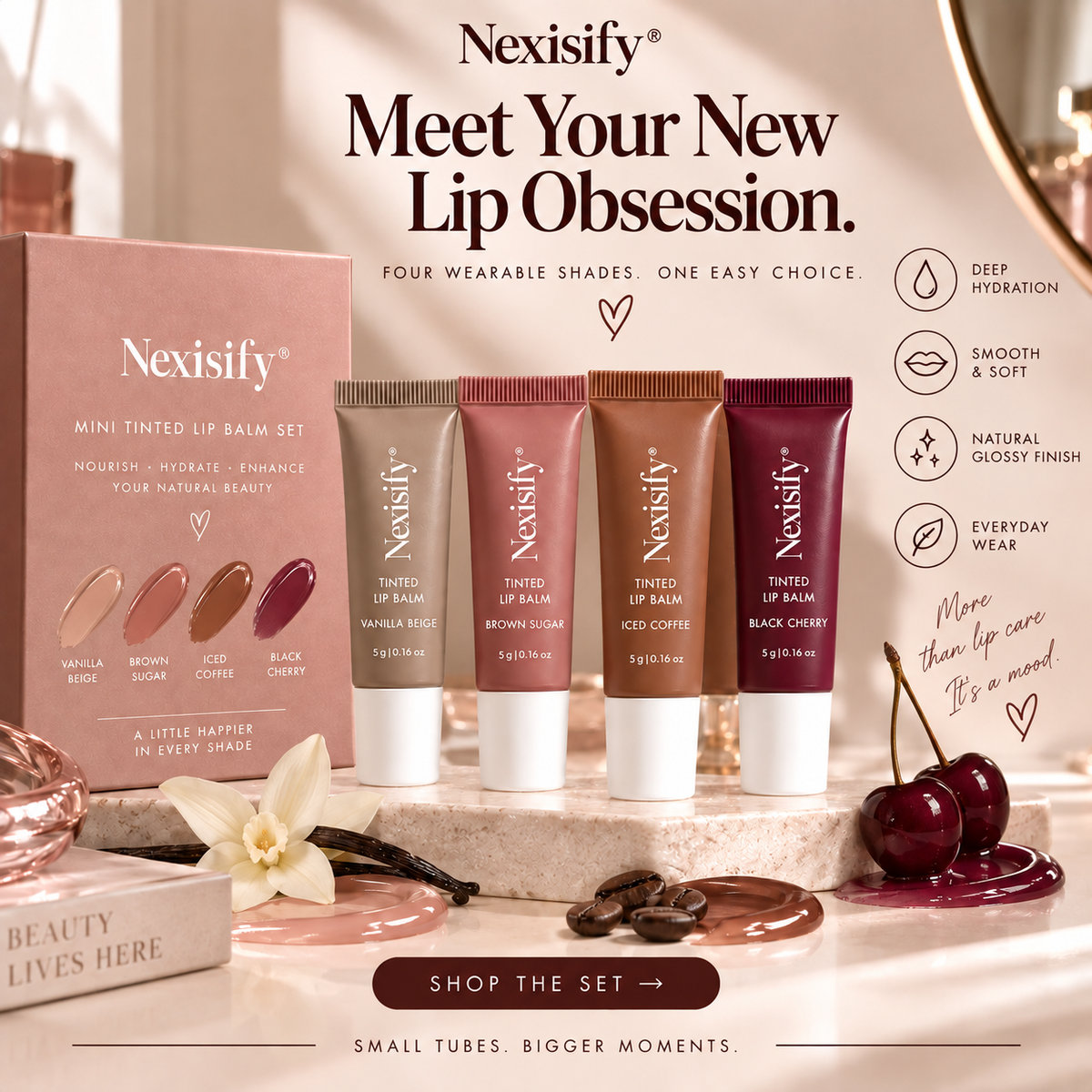 Nexisify® Mini Tinted Lip Balm Set – 4 Glossy, Hydrating Shades
