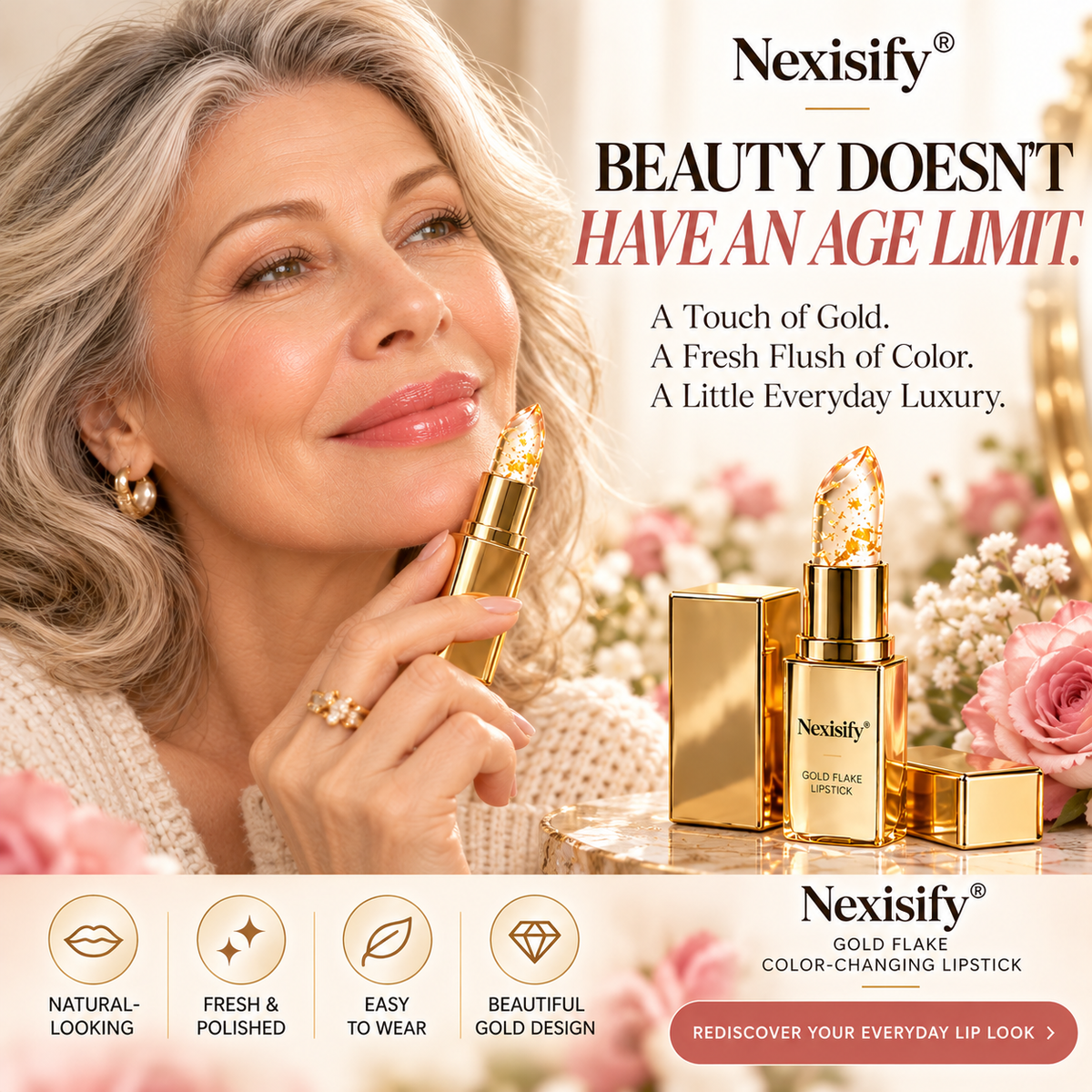 Nexisify® Gold Flake Color-Changing Lipstick – Lightweight & Glossy Finish