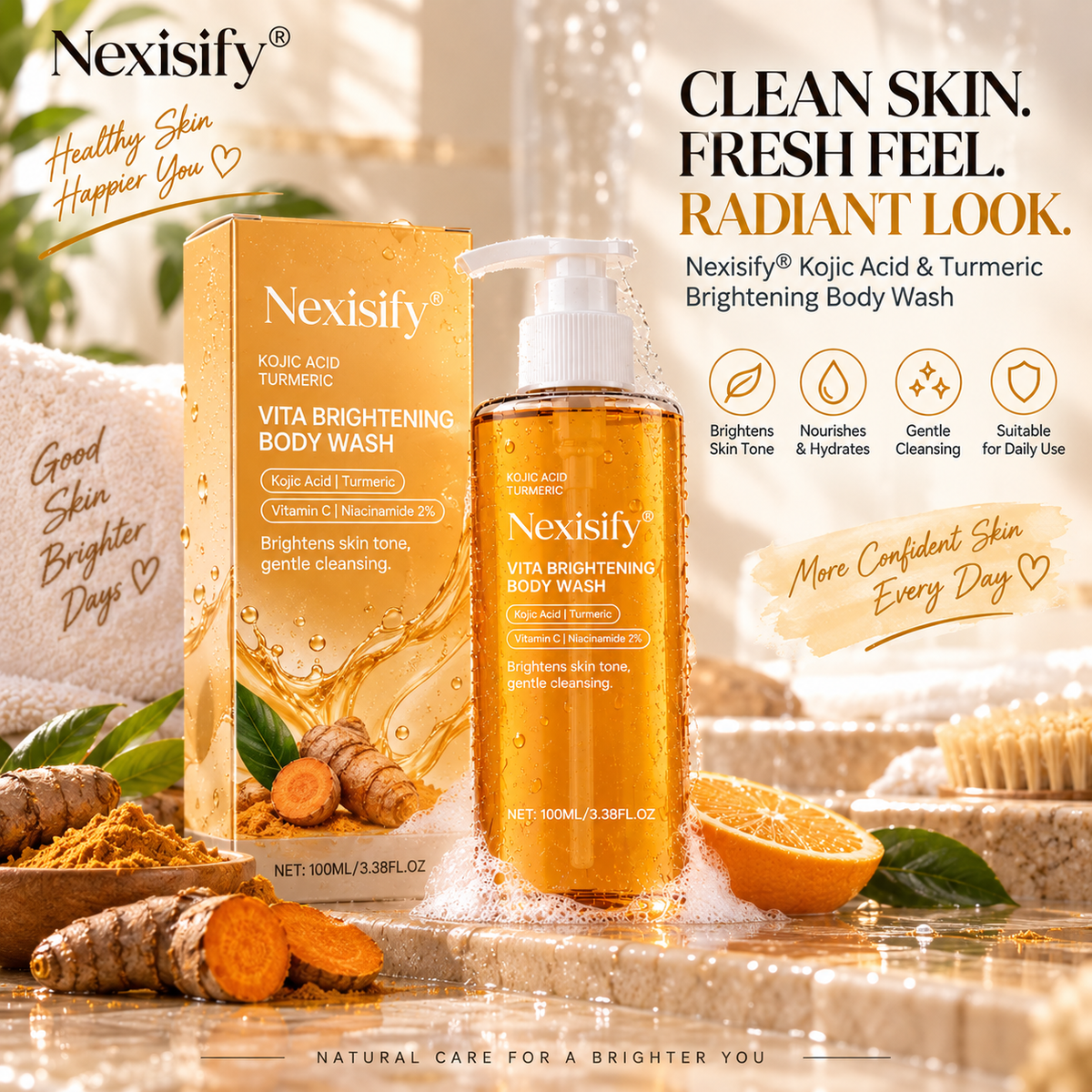 Nexisify® Kojic Acid & Turmeric Brightening Body Wash – Vitamin C + Niacinamide